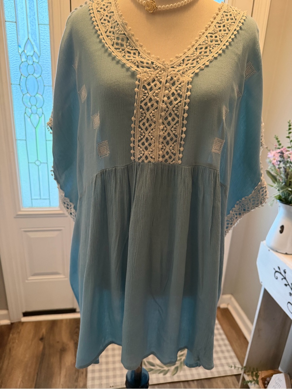 Light Blue Crochet-Trim Tunic Top by